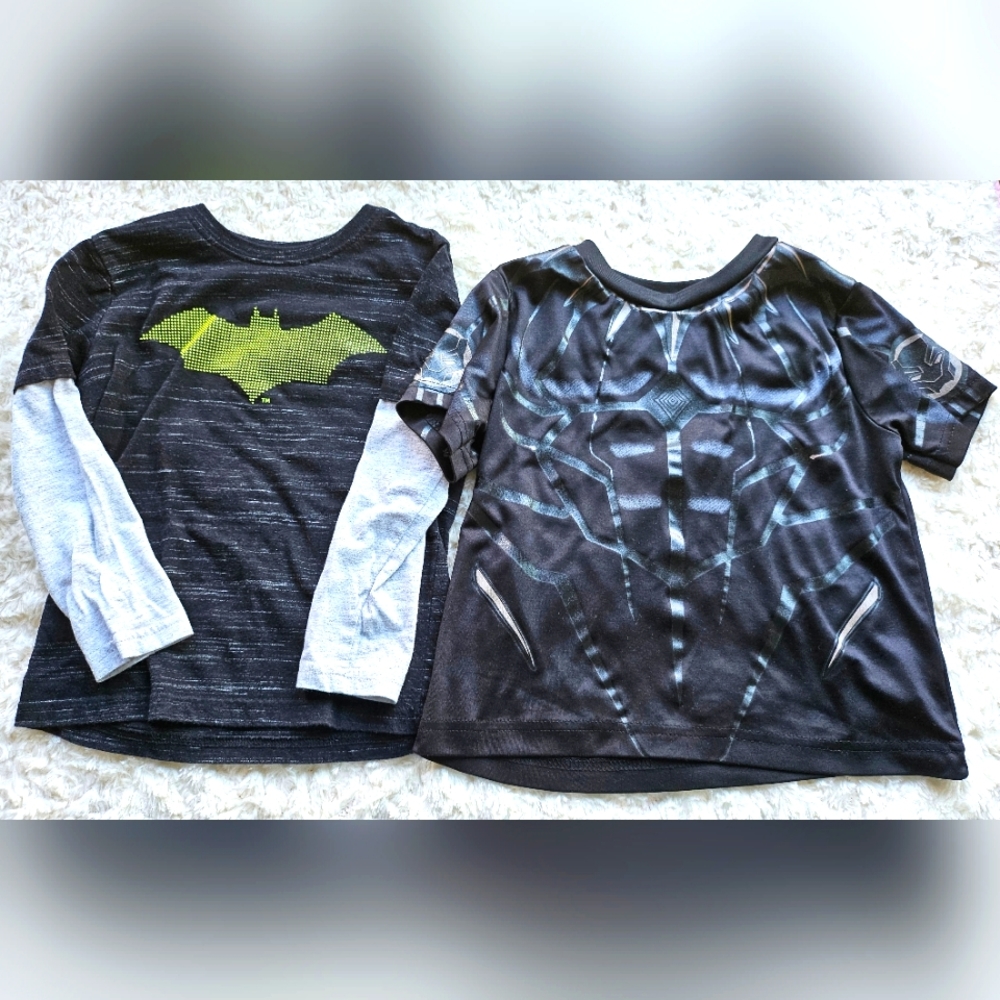 Boys Superhero Shirts, Batman, Black Panther, Size XS 4/5, Black, Yellow, EUC